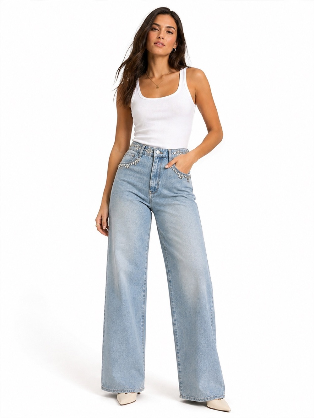 BLANKNYC The Franklin Ribe Cage Wide Leg Jeans 30 Crystal Embellished NWT